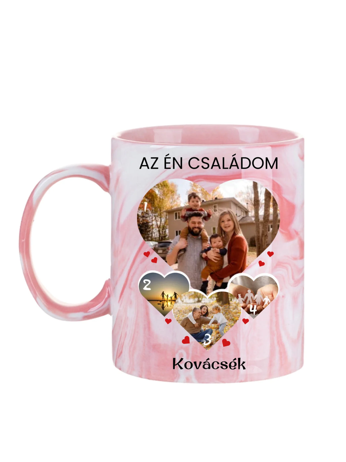 Családi szív fotókollázs bögre - 4 fényképpel - személyre szabható ajándék Családnak