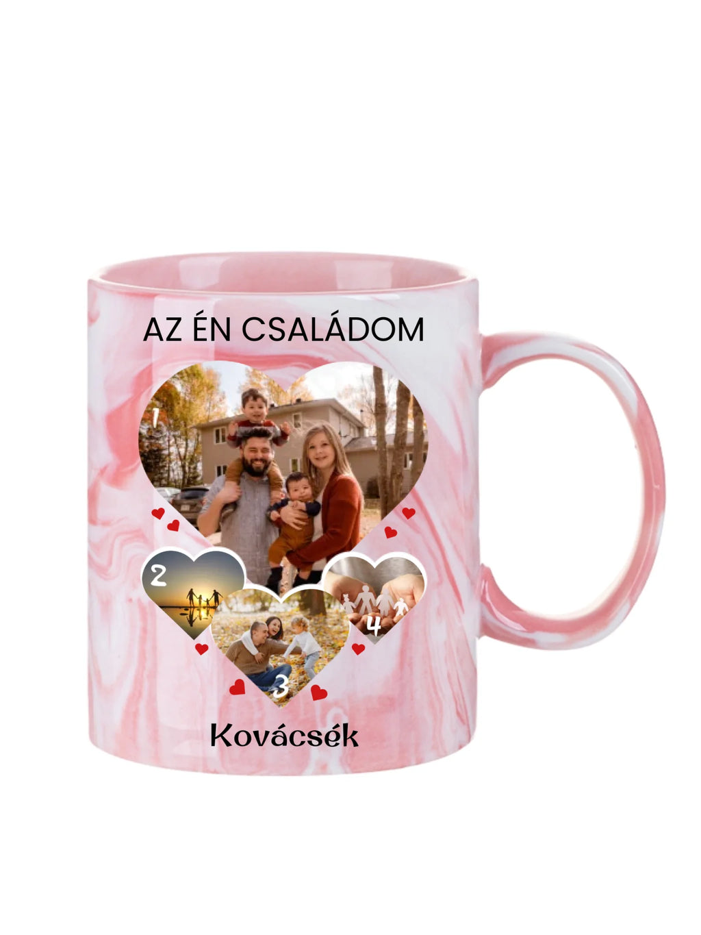 Családi szív fotókollázs bögre - 4 fényképpel - személyre szabható ajándék Családnak
