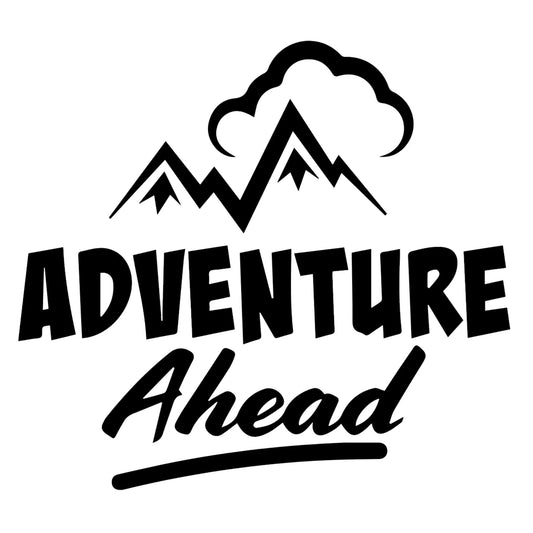 Adventure Ahead matrica főkép, fekete színben, fehér alapon.