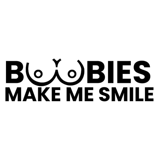 Boobies Make Me Smile matrica főkép, fekete színben, fehér alapon.
