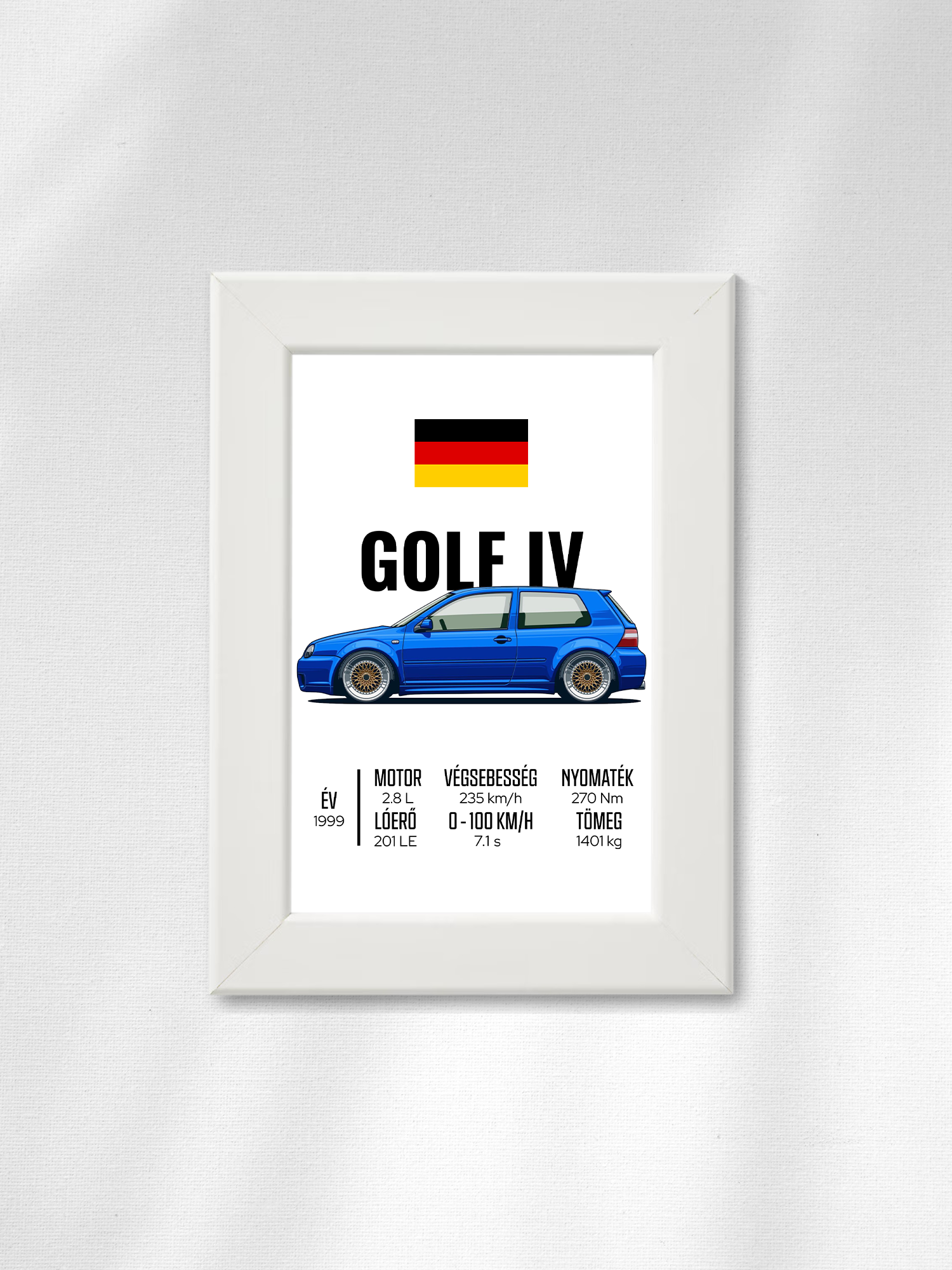 Rajzolt Golf IV stílusú autó illusztráció falikép, fehér, 10x15 cm, 3. változat, kincsekkincse.hu