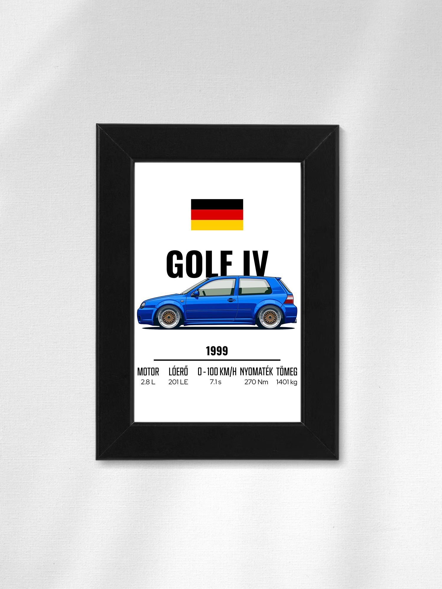 Rajzolt Golf IV stílusú autó illusztráció falikép, fekete, 10x15 cm, kincsekkincse.hu