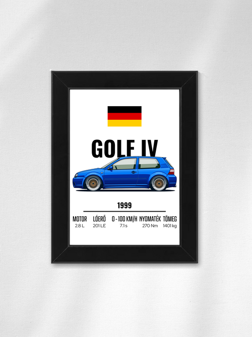 Rajzolt Golf IV stílusú autó illusztráció falikép, fekete, 13x18 cm, kincsekkincse.hu