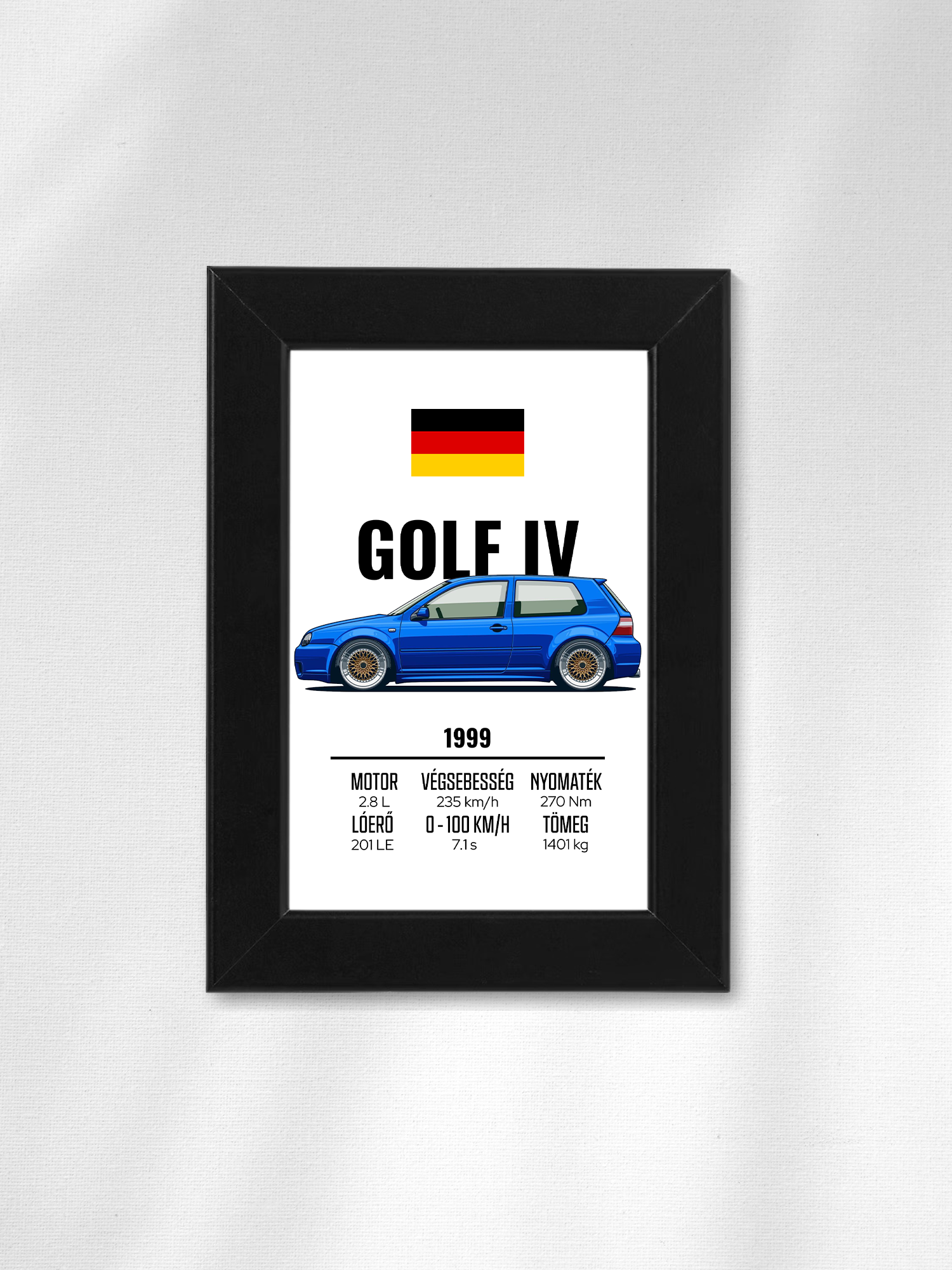 Rajzolt Golf IV stílusú autó illusztráció falikép, fekete, 10x15 cm, 2. változat, kincsekkincse.hu
