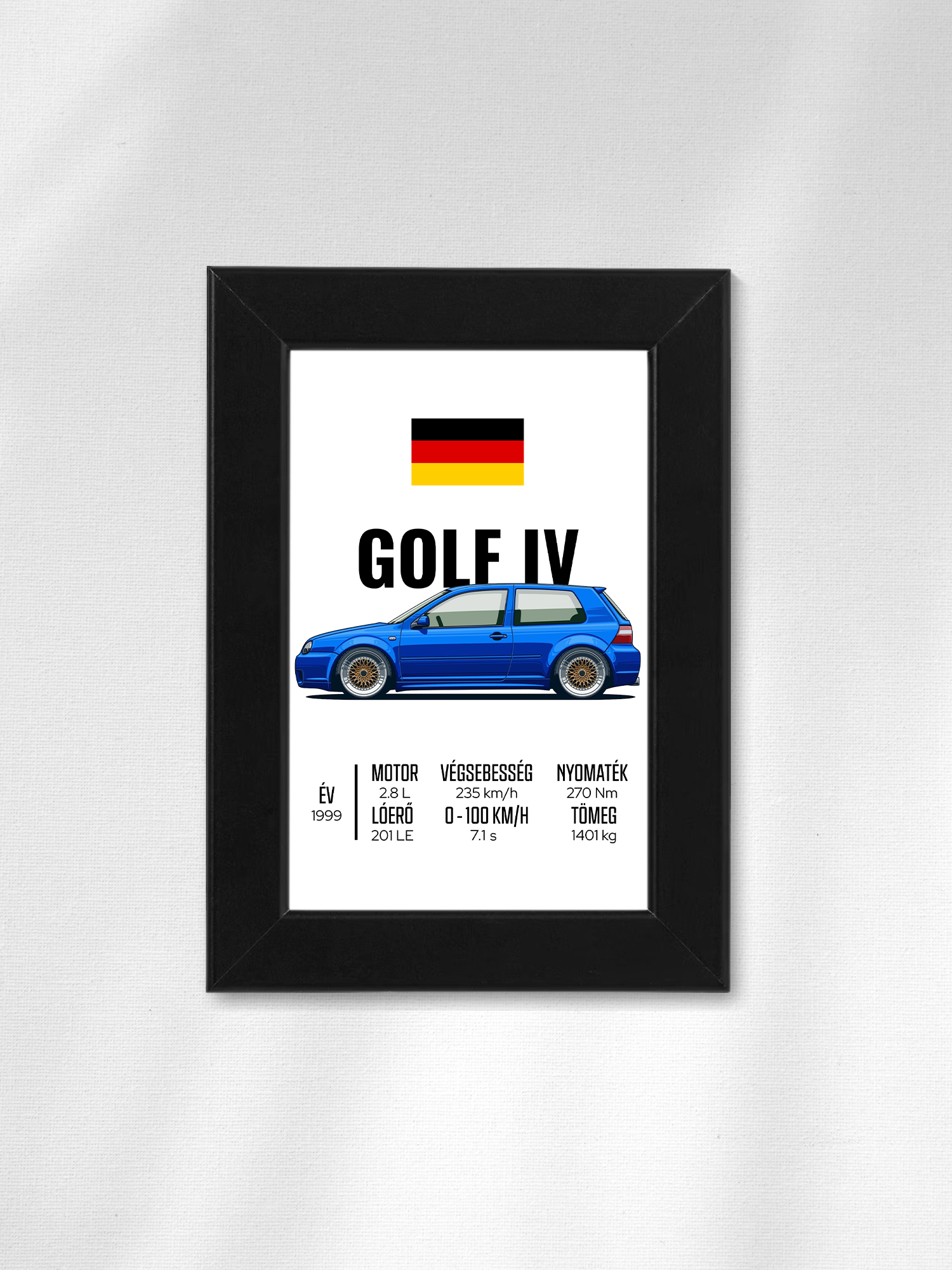Rajzolt Golf IV stílusú autó illusztráció falikép, fekete, 10x15 cm, 3. változat, kincsekkincse.hu